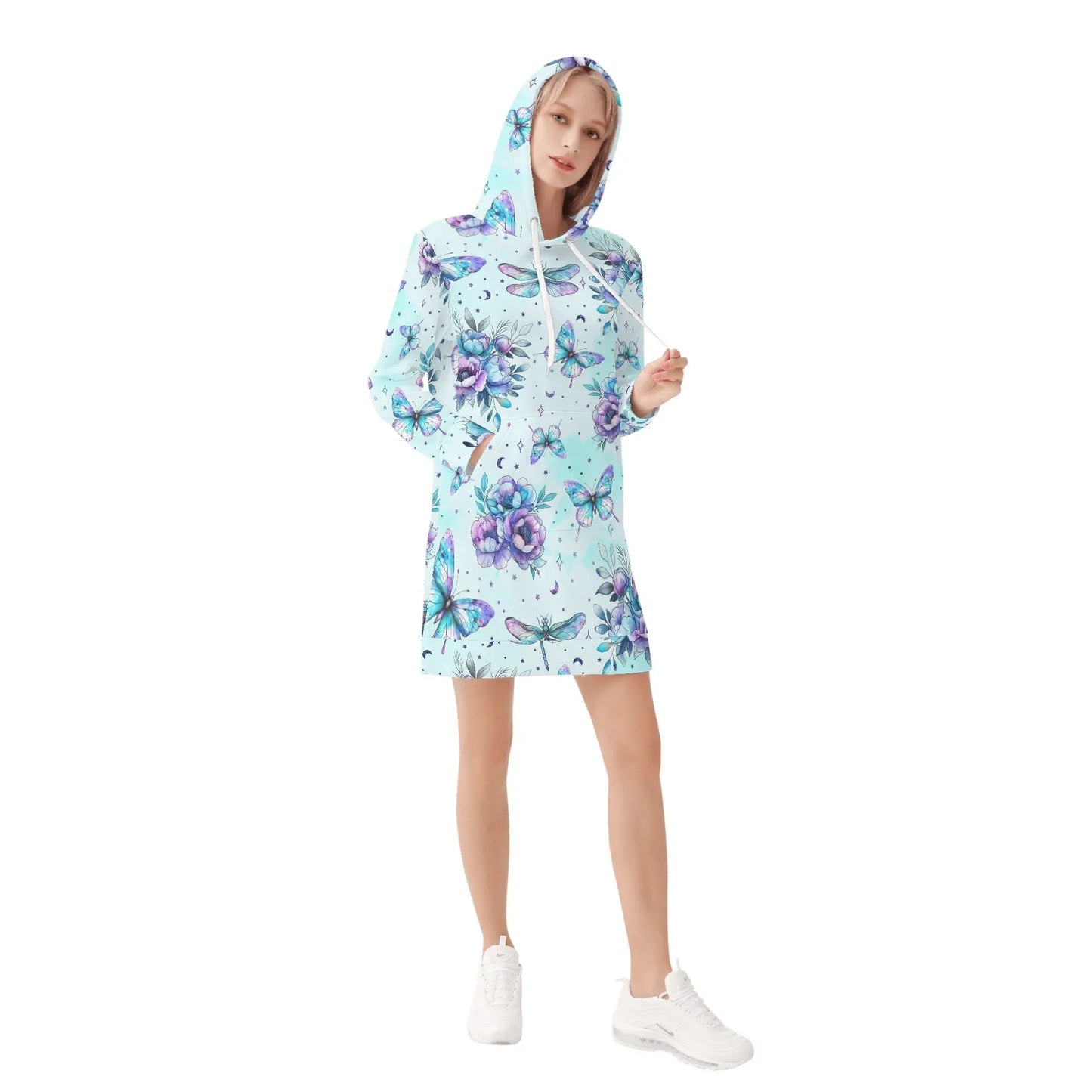 blue-flowers-damen-hoodiekleid-warmes-velvet-kapuzenkleid-aus-weichem-samt-fleece-hoodiekleid-jlr-design-4 - JLR Design