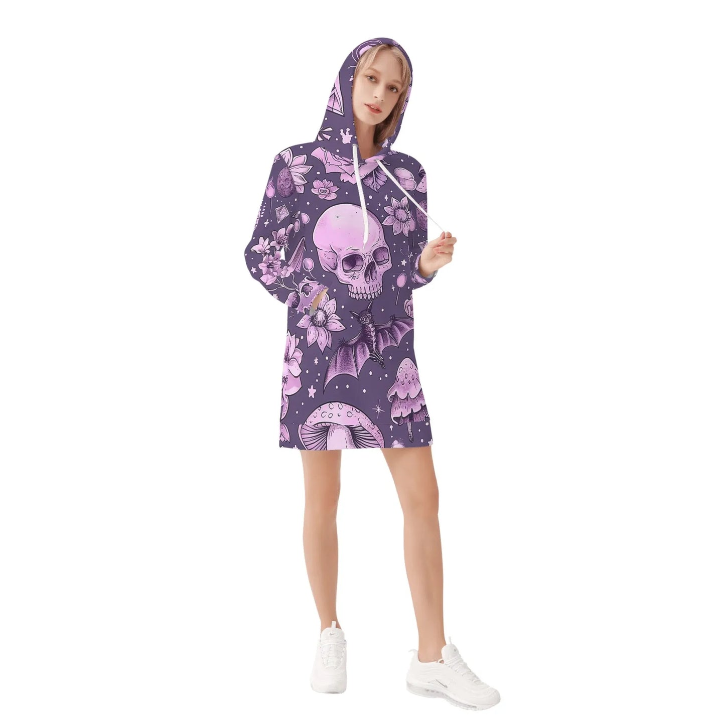pink-skull-v2-damen-hoodiekleid-warmes-velvet-kapuzenkleid-aus-weichem-samt-fleece-hoodiekleid-jlr-design-4 - JLR Design