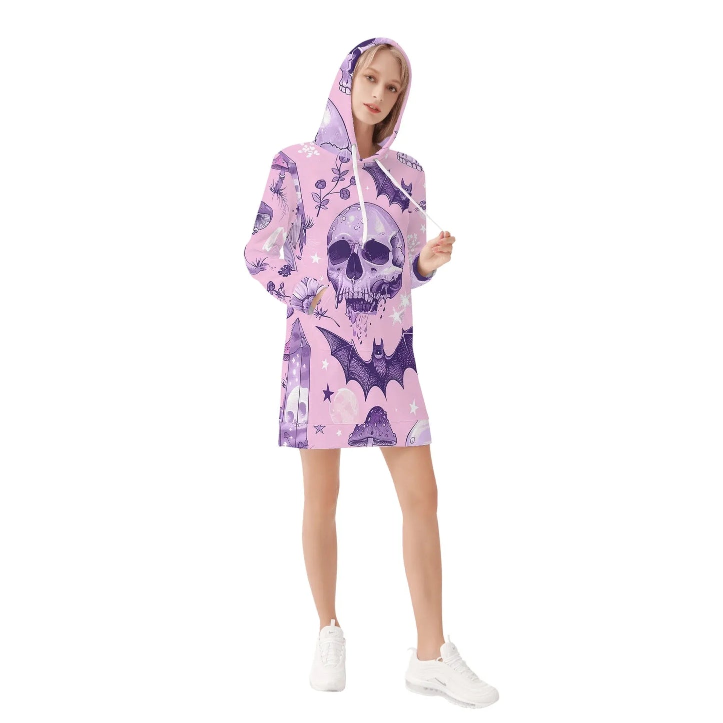 pink-skull-v3-damen-hoodiekleid-warmes-velvet-kapuzenkleid-aus-weichem-samt-fleece-hoodiekleid-jlr-design-4 - JLR Design