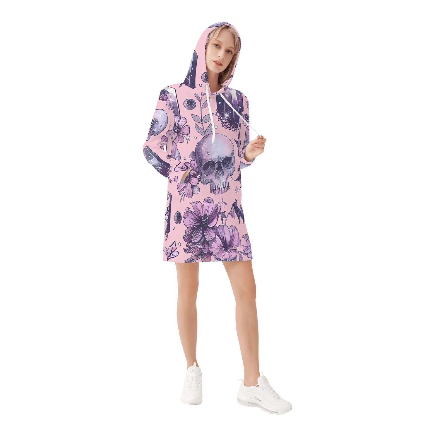 pink-skull-v4-damen-hoodiekleid-warmes-velvet-kapuzenkleid-aus-weichem-samt-fleece-hoodiekleid-jlr-design-4 - JLR Design