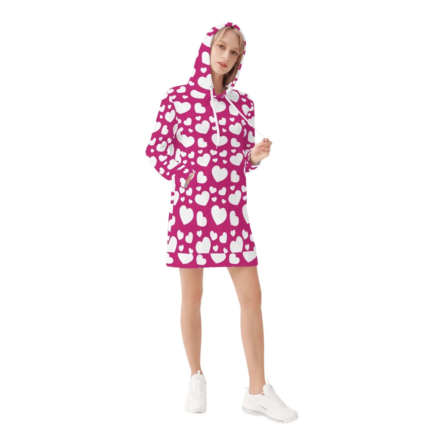 white-hearts-damen-hoodiekleid-warmes-velvet-kapuzenkleid-aus-weichem-samt-fleece-hoodiekleid-jlr-design-4 - JLR Design