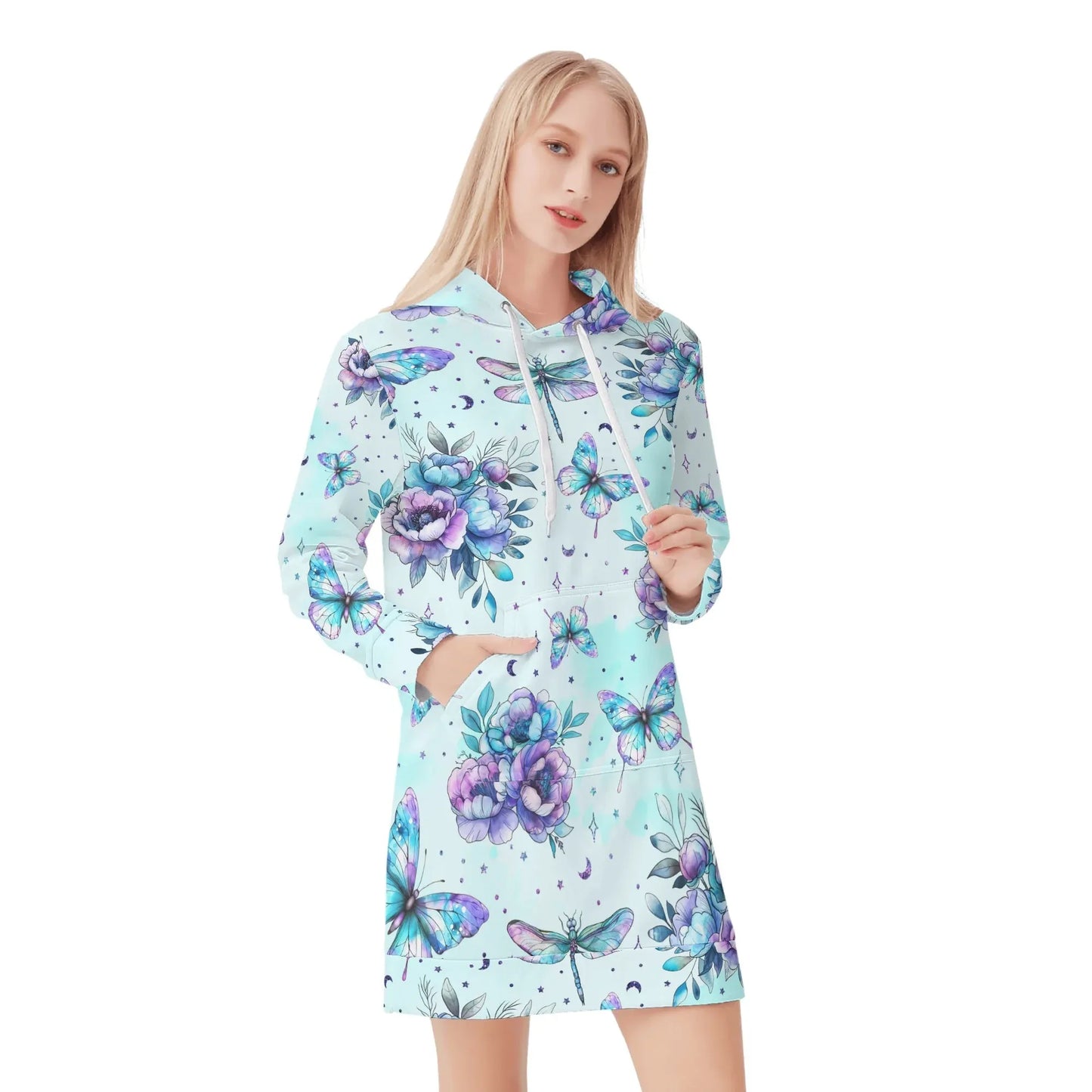 blue-flowers-damen-hoodiekleid-warmes-velvet-kapuzenkleid-aus-weichem-samt-fleece-hoodiekleid-jlr-design-1 - JLR Design