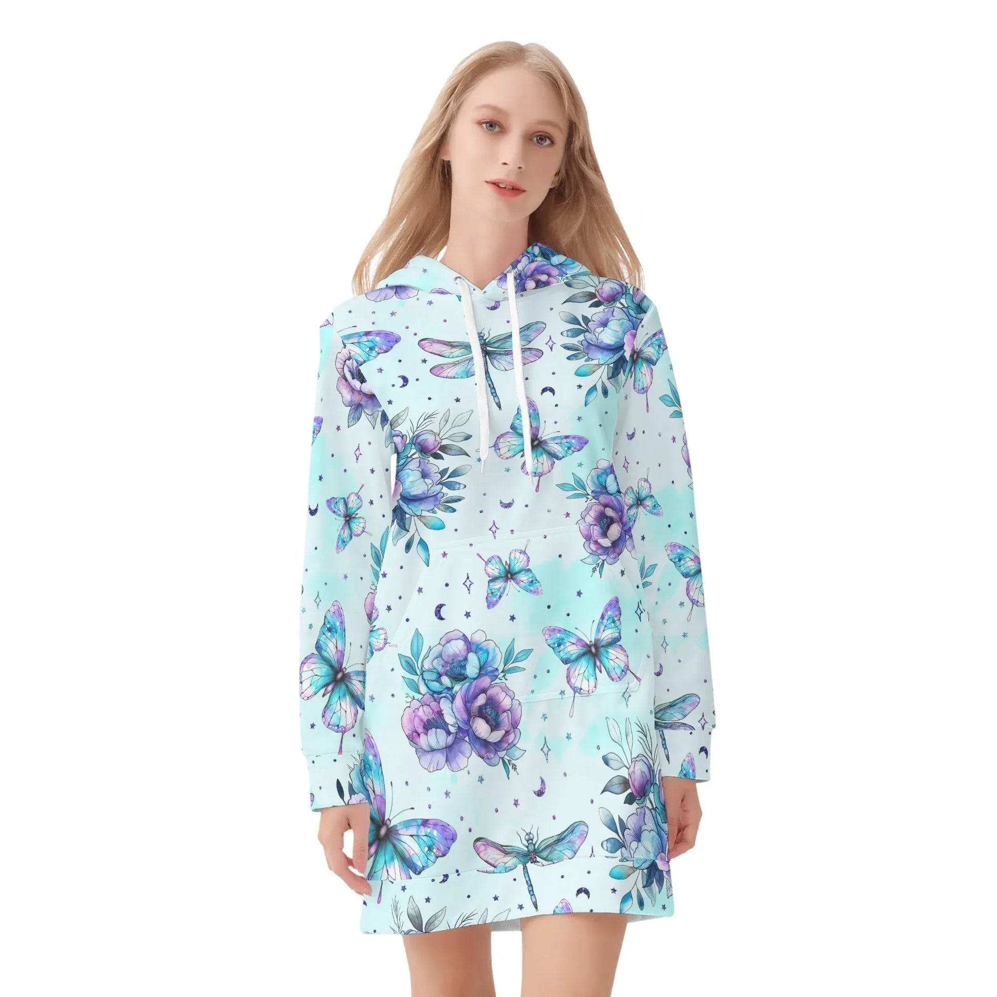 blue-flowers-damen-hoodiekleid-warmes-velvet-kapuzenkleid-aus-weichem-samt-fleece-hoodiekleid-jlr-design-3 - JLR Design