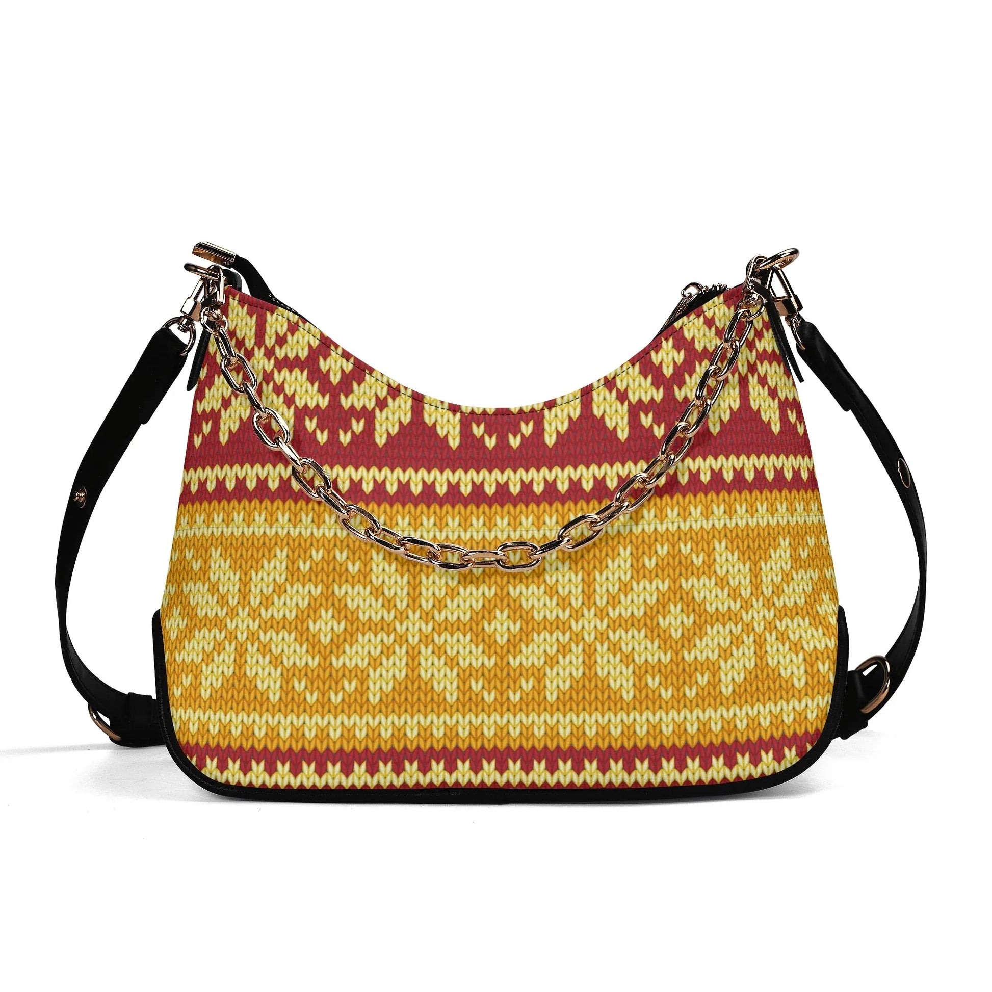 braun-gelbes-strickmuster-mit-schneeflocken-elegante-umhangetasche-mit-kette-umhangetasche-jlr-design-1 - JLR Design