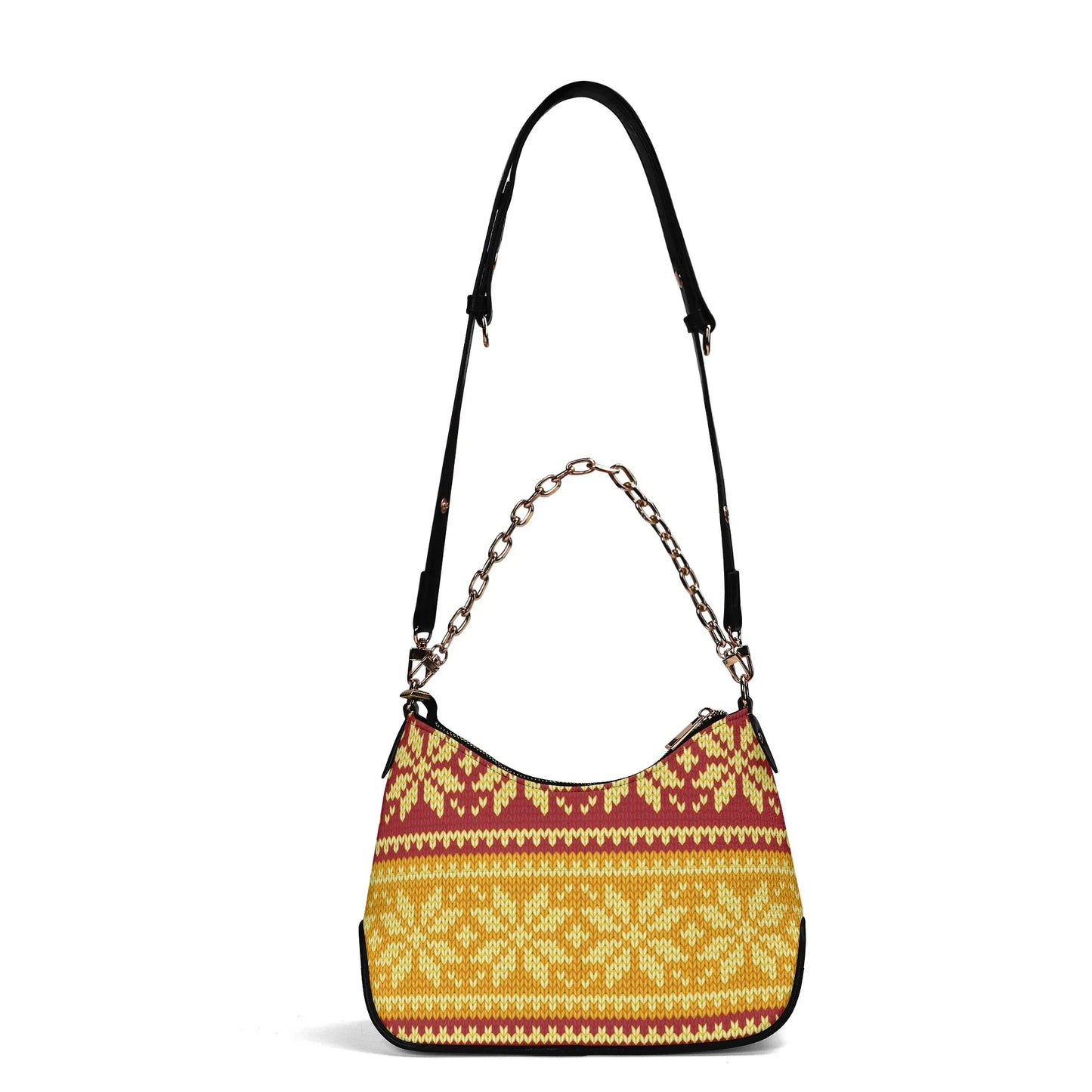 braun-gelbes-strickmuster-mit-schneeflocken-elegante-umhangetasche-mit-kette-umhangetasche-jlr-design-5 - JLR Design