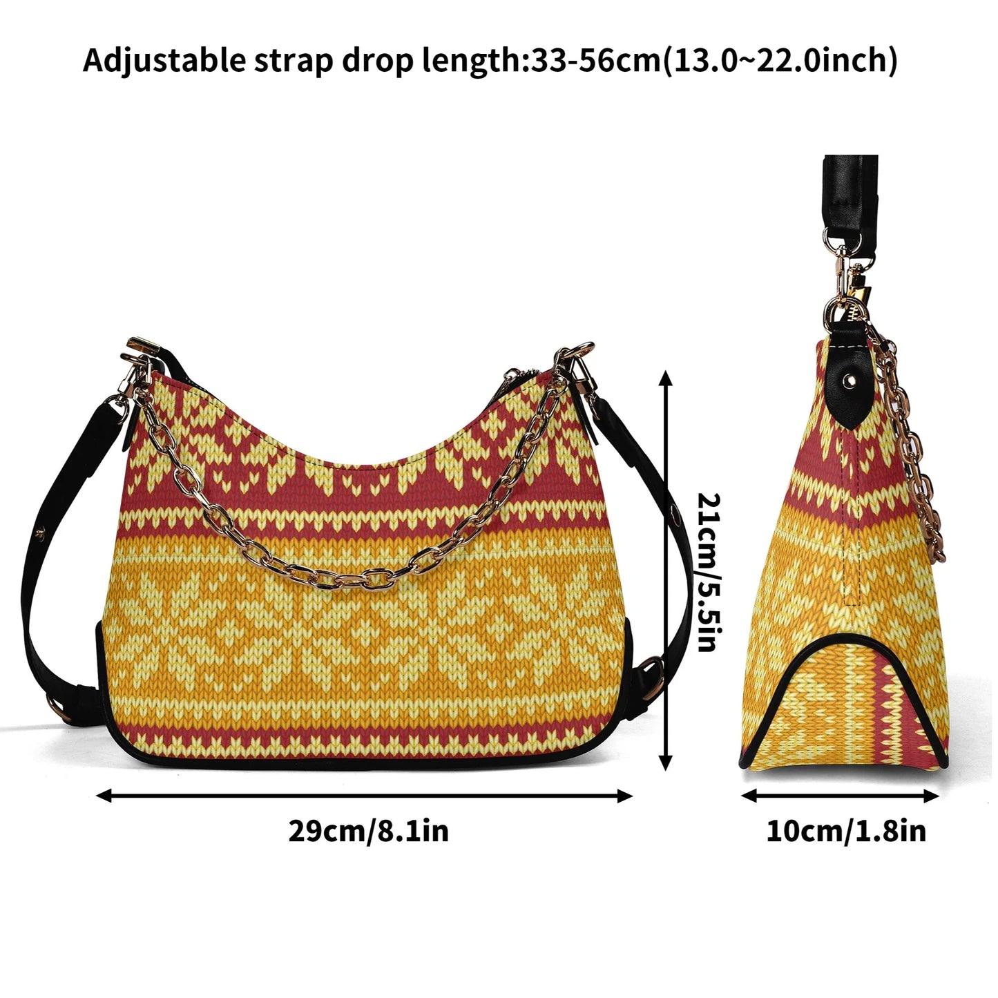 braun-gelbes-strickmuster-mit-schneeflocken-elegante-umhangetasche-mit-kette-umhangetasche-jlr-design-7 - JLR Design