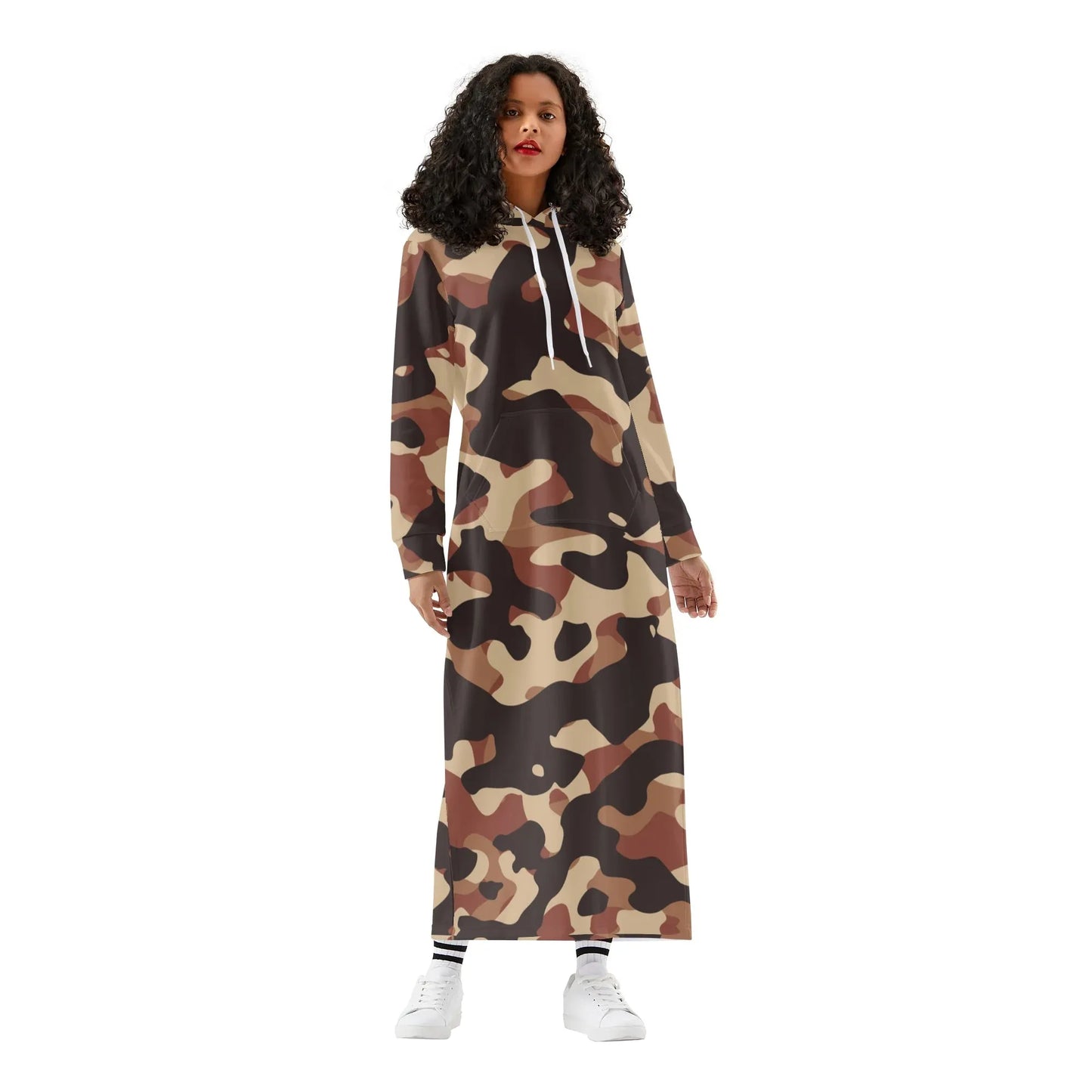 brown-camouflage-damen-maxi-hoodiekleid-knochellanges-kapuzenkleid-aus-weich-angerautem-fleece-hoodiekleid-jlr-design-1 - JLR Design