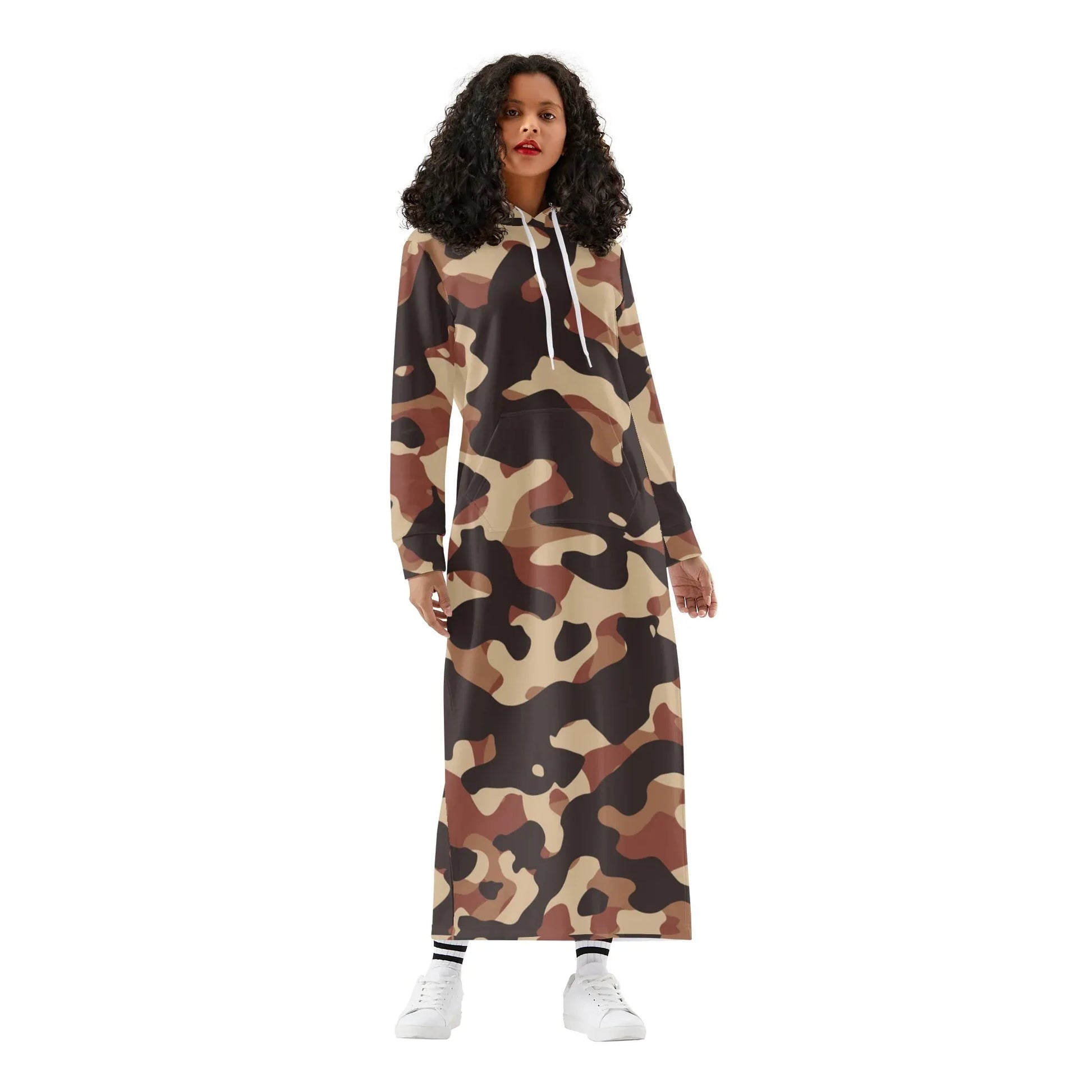 brown-camouflage-damen-maxi-hoodiekleid-knochellanges-kapuzenkleid-aus-weich-angerautem-fleece-hoodiekleid-jlr-design-1 - JLR Design