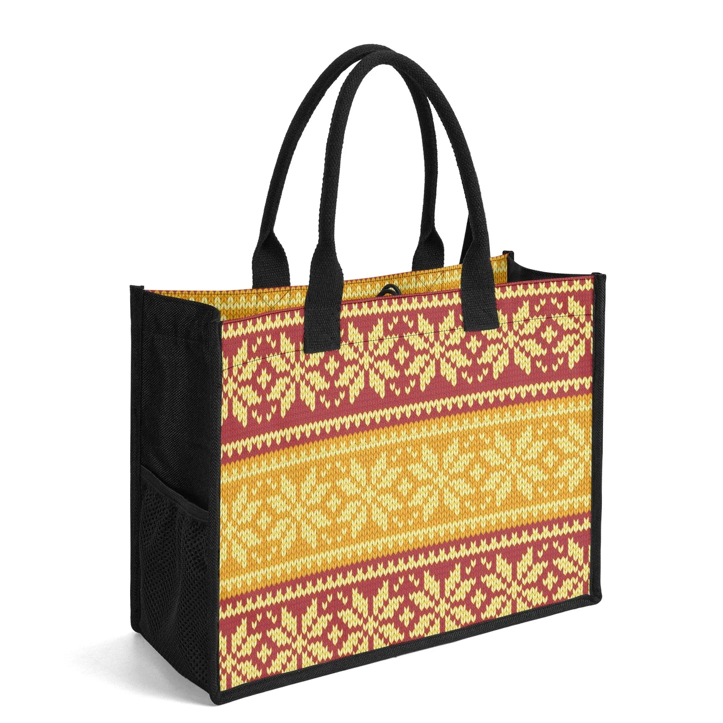 gelb-braun-gestricktes-schneemuster-canvas-shopper-tasche-einkaufstasche-jlr-design-4 - JLR Design