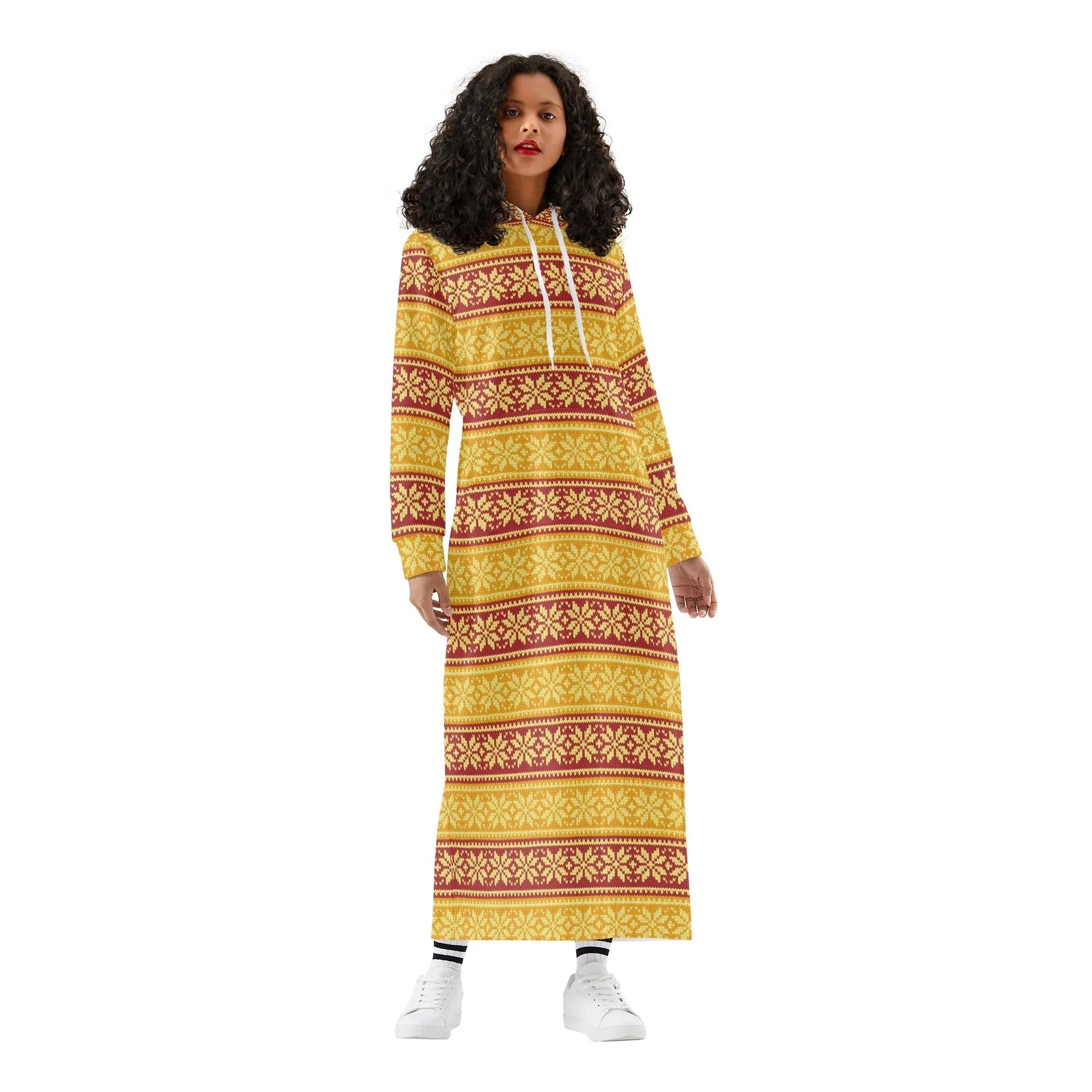 gelbe-schneeflocke-damen-maxi-hoodiekleid-knochellanges-kapuzenkleid-aus-weich-angerautem-fleece-hoodiekleid-jlr-design-1 - JLR Design