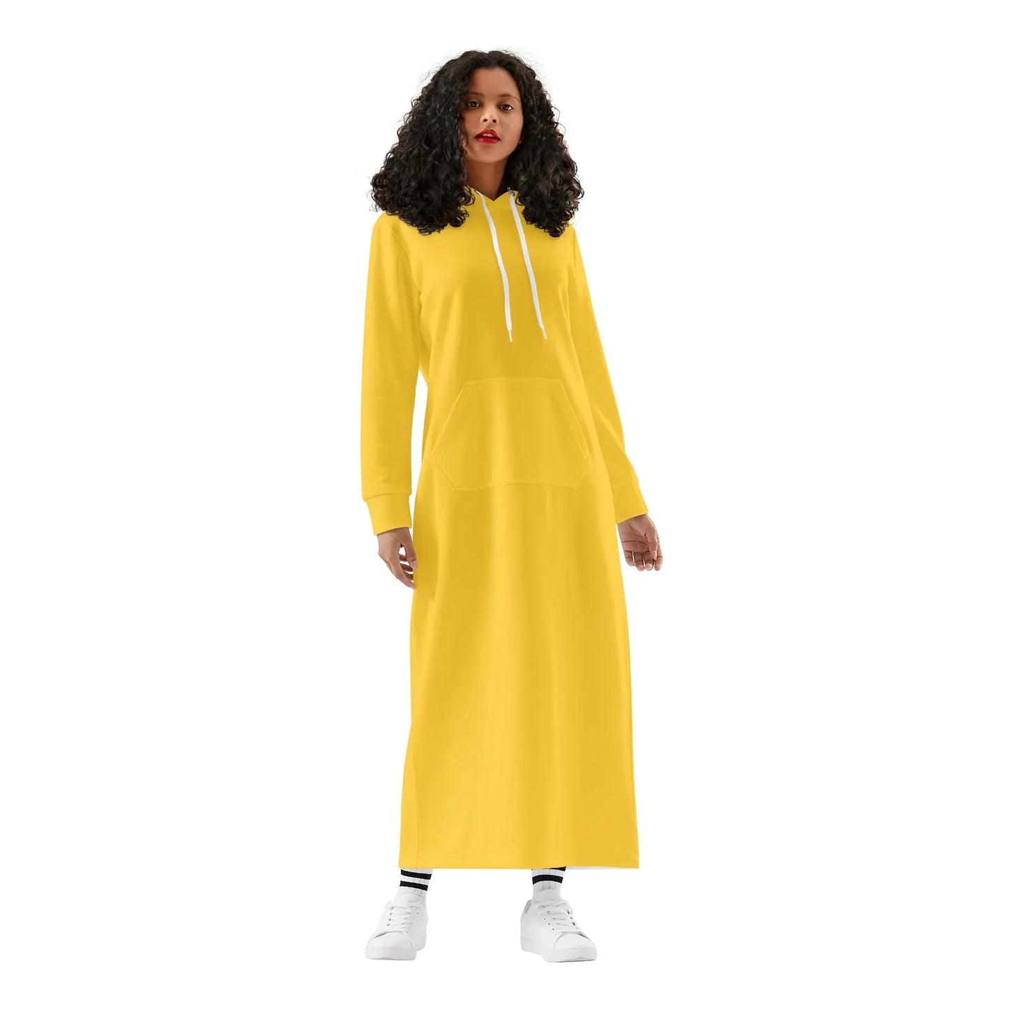 gelbes-damen-maxi-hoodiekleid-knochellanges-kapuzenkleid-aus-weich-angerautem-fleece-hoodiekleid-jlr-design-1 - JLR Design