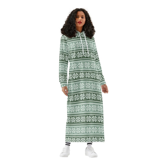 grune-schneeflocken-damen-maxi-hoodiekleid-knochellanges-kapuzenkleid-aus-weich-angerautem-fleece-hoodiekleid-jlr-design-1 - JLR Design