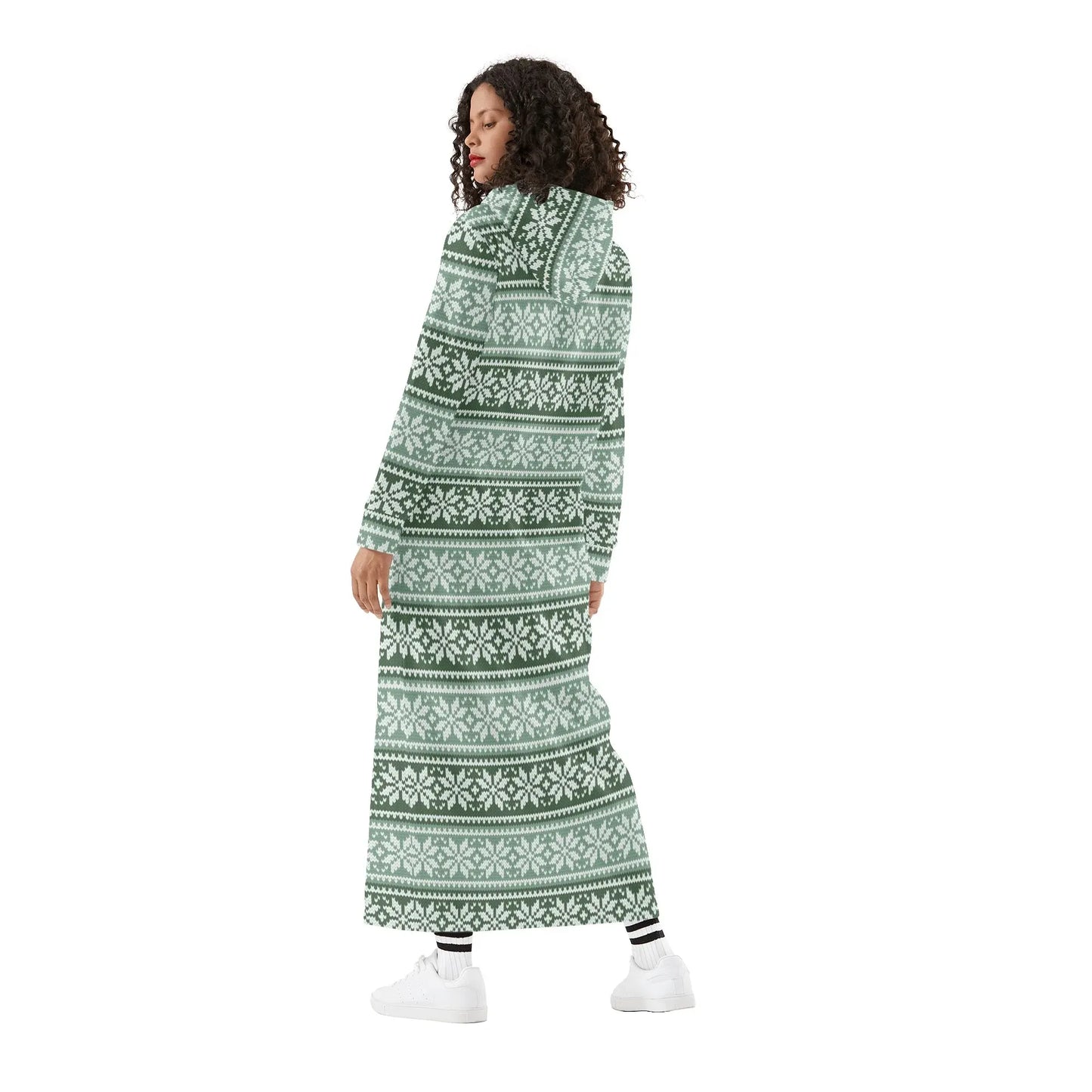 grune-schneeflocken-damen-maxi-hoodiekleid-knochellanges-kapuzenkleid-aus-weich-angerautem-fleece-hoodiekleid-jlr-design-2 - JLR Design