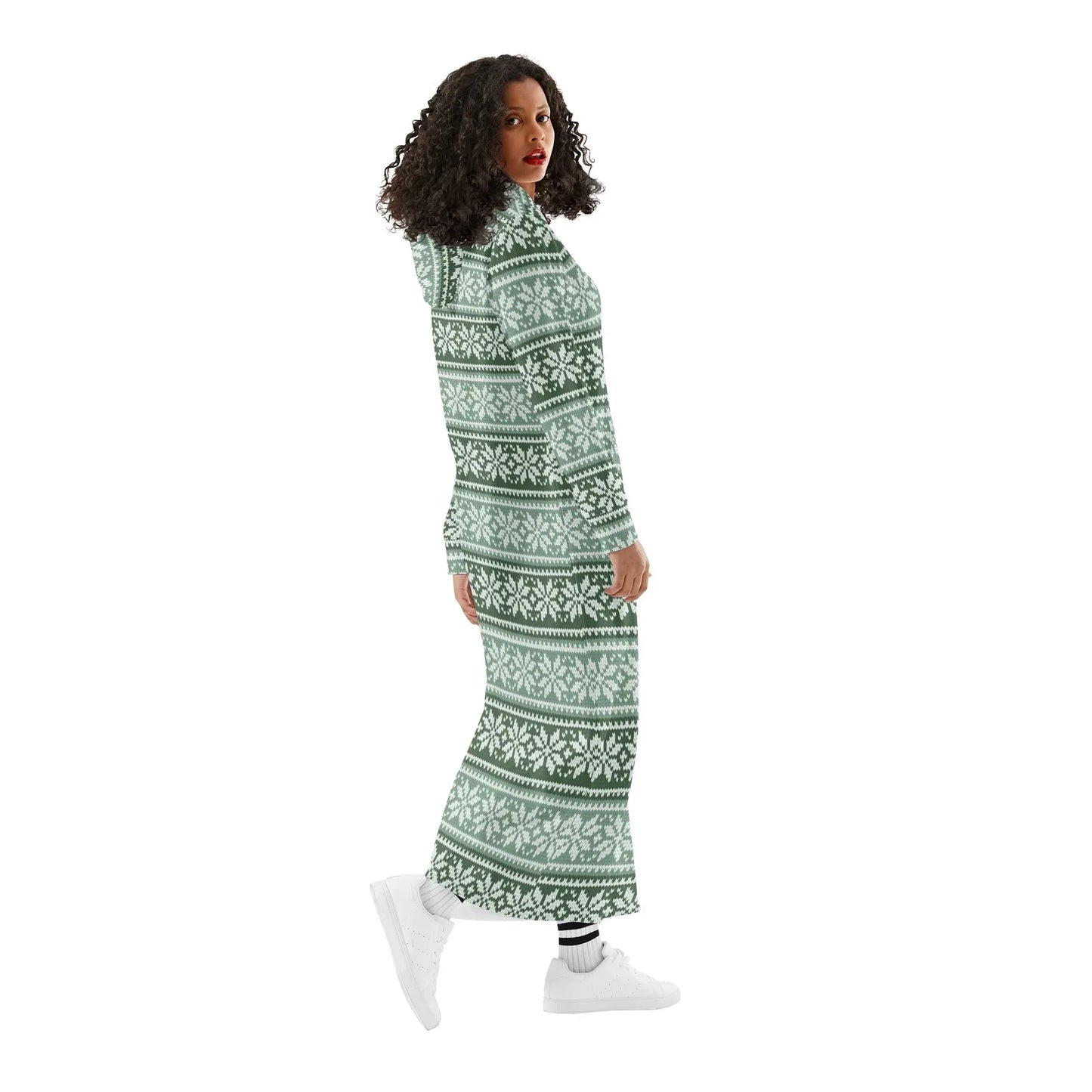grune-schneeflocken-damen-maxi-hoodiekleid-knochellanges-kapuzenkleid-aus-weich-angerautem-fleece-hoodiekleid-jlr-design-3 - JLR Design