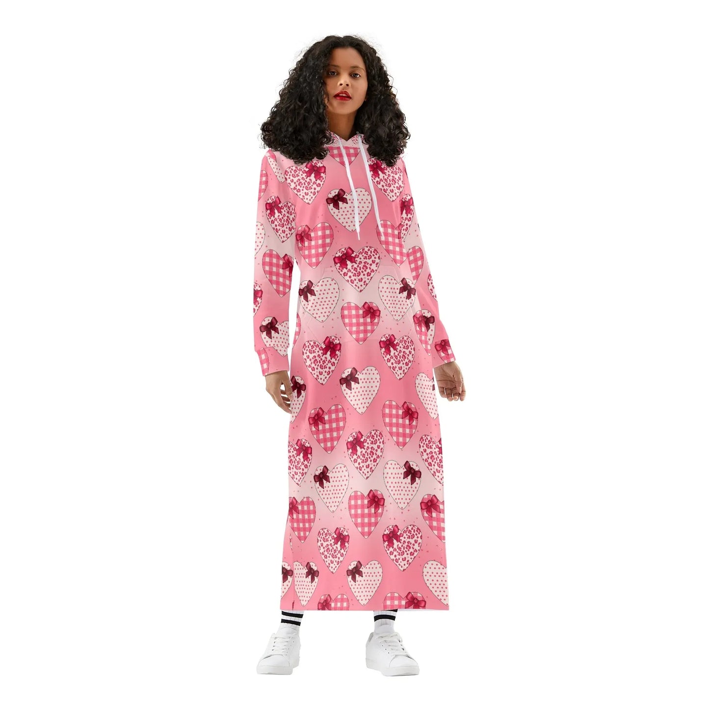 karo-herzchen-damen-maxi-hoodiekleid-knochellanges-kapuzenkleid-aus-weich-angerautem-fleece-hoodiekleid-jlr-design-1 - JLR Design