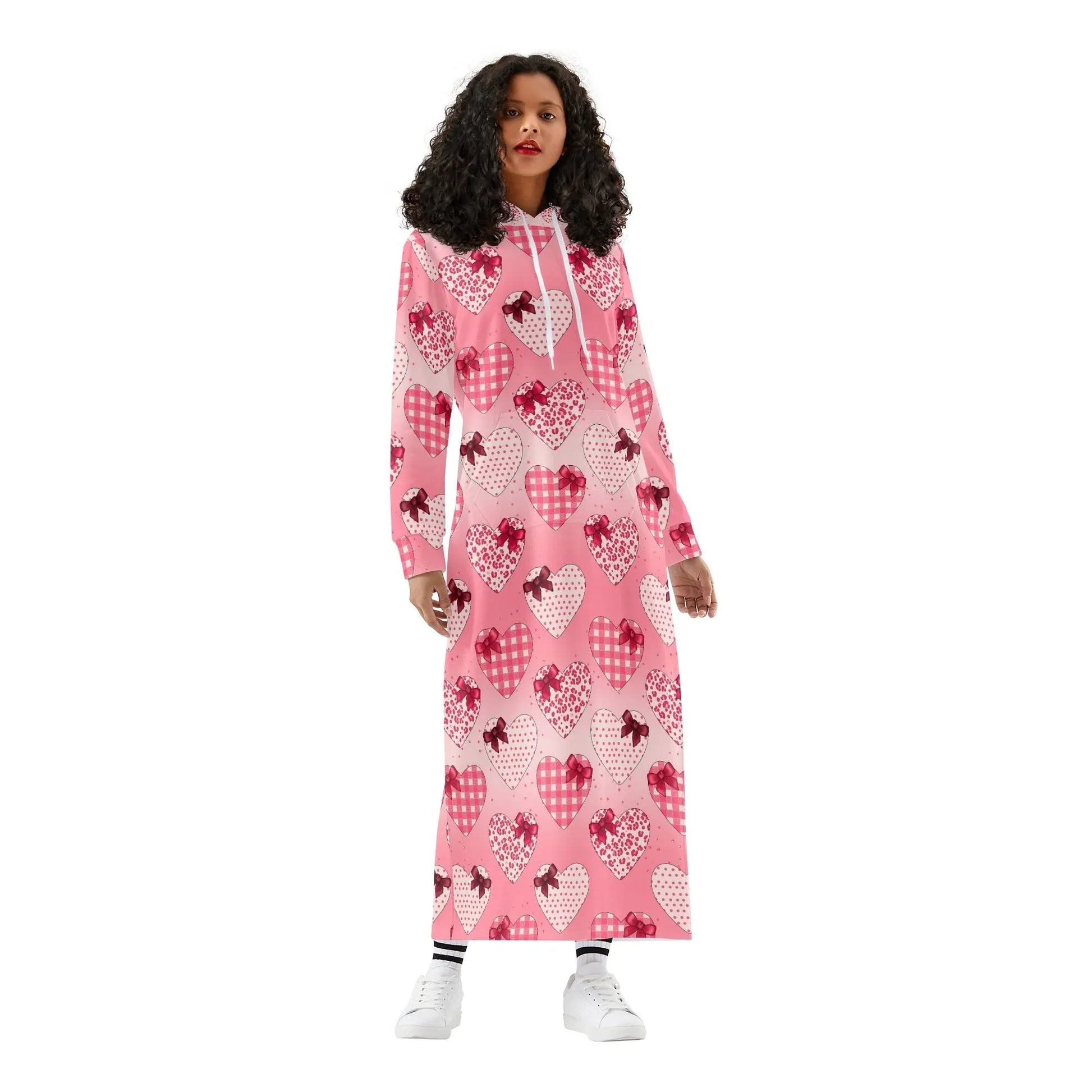 karo-herzchen-damen-maxi-hoodiekleid-knochellanges-kapuzenkleid-aus-weich-angerautem-fleece-hoodiekleid-jlr-design-1 - JLR Design