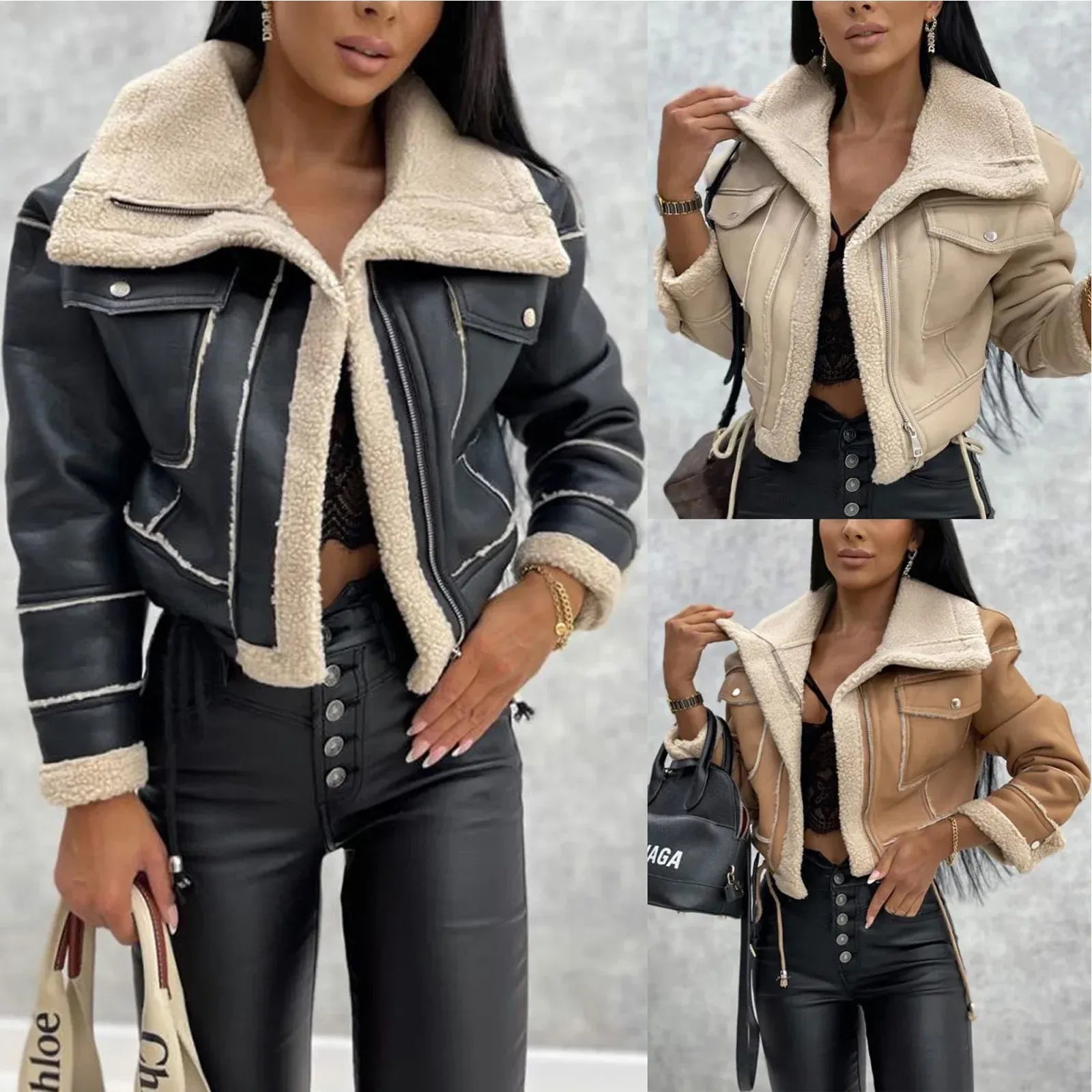 kurze-bikerjacke-in-lammfell-optik-stylische-faux-leather-jacke-fur-damen-jacke-jlr-design-7 - JLR Design
