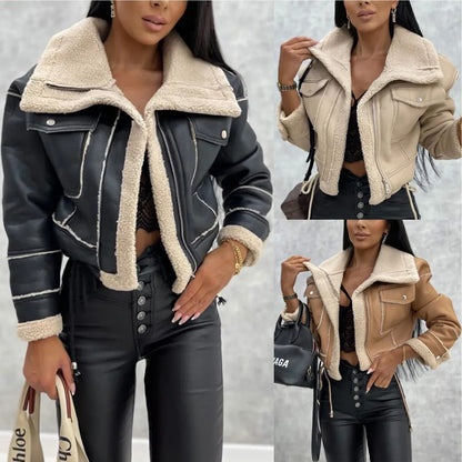 kurze-bikerjacke-in-lammfell-optik-stylische-faux-leather-jacke-fur-damen-jacke-jlr-design-7 - JLR Design