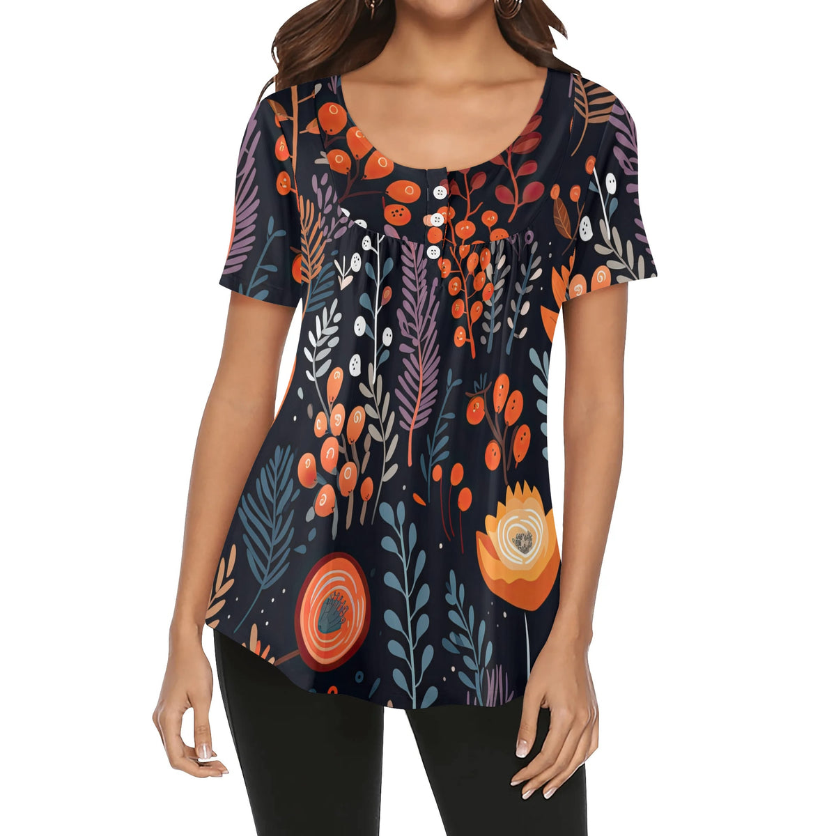 lockere-bluse-mit-u-ausschnitt-und-kurzen-armeln-fur-damen-autumn-flowers-v1-jlr-design-jlr-design-de-1 - JLR Design