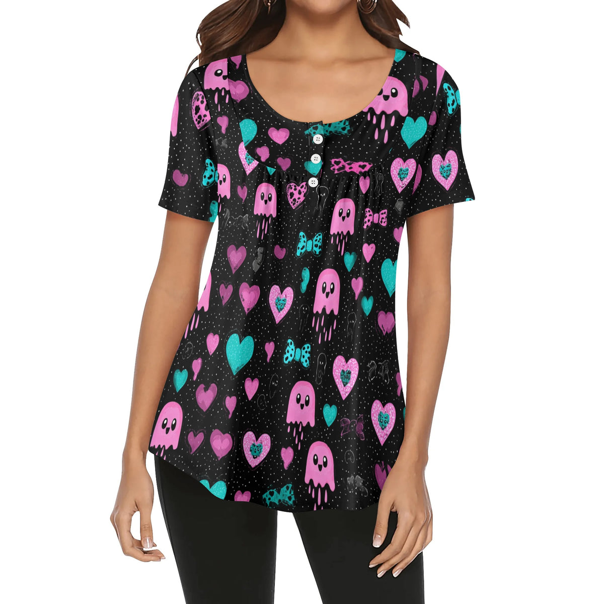 lockere-bluse-mit-u-ausschnitt-und-kurzen-armeln-fur-damen-cute-halloeween-v5-bluse-jlr-design-jlr-design-de-1 - JLR Design