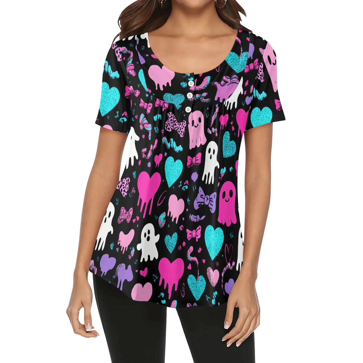 lockere-bluse-mit-u-ausschnitt-und-kurzen-armeln-fur-damen-cute-halloeween-v9-bluse-jlr-design-jlr-design-de-1 - JLR Design
