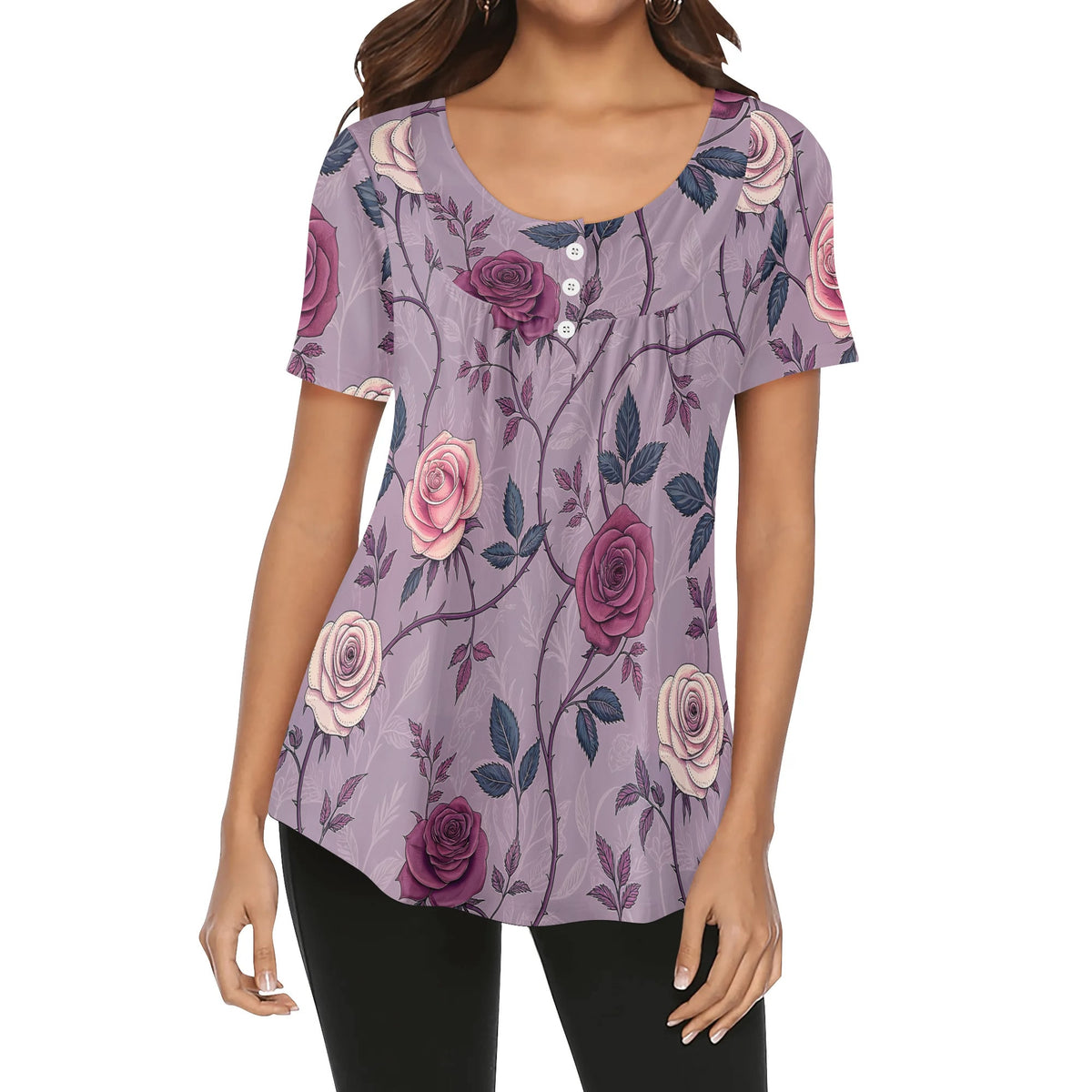 lockere-bluse-mit-u-ausschnitt-und-kurzen-armeln-fur-damen-gothic-roses-v1-bluse-jlr-design-jlr-design-de-1 - JLR Design