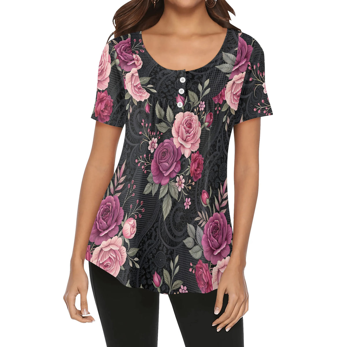 lockere-bluse-mit-u-ausschnitt-und-kurzen-armeln-fur-damen-gothic-roses-v15-bluse-jlr-design-jlr-design-de-1 - JLR Design