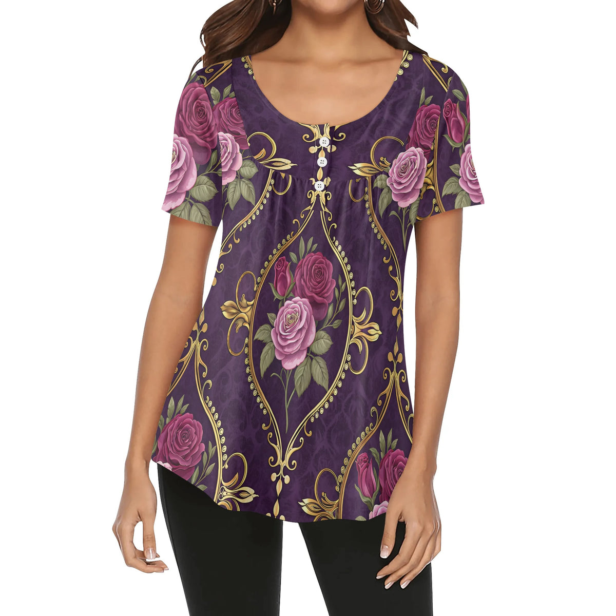 lockere-bluse-mit-u-ausschnitt-und-kurzen-armeln-fur-damen-gothic-roses-v7-bluse-jlr-design-jlr-design-de-1 - JLR Design