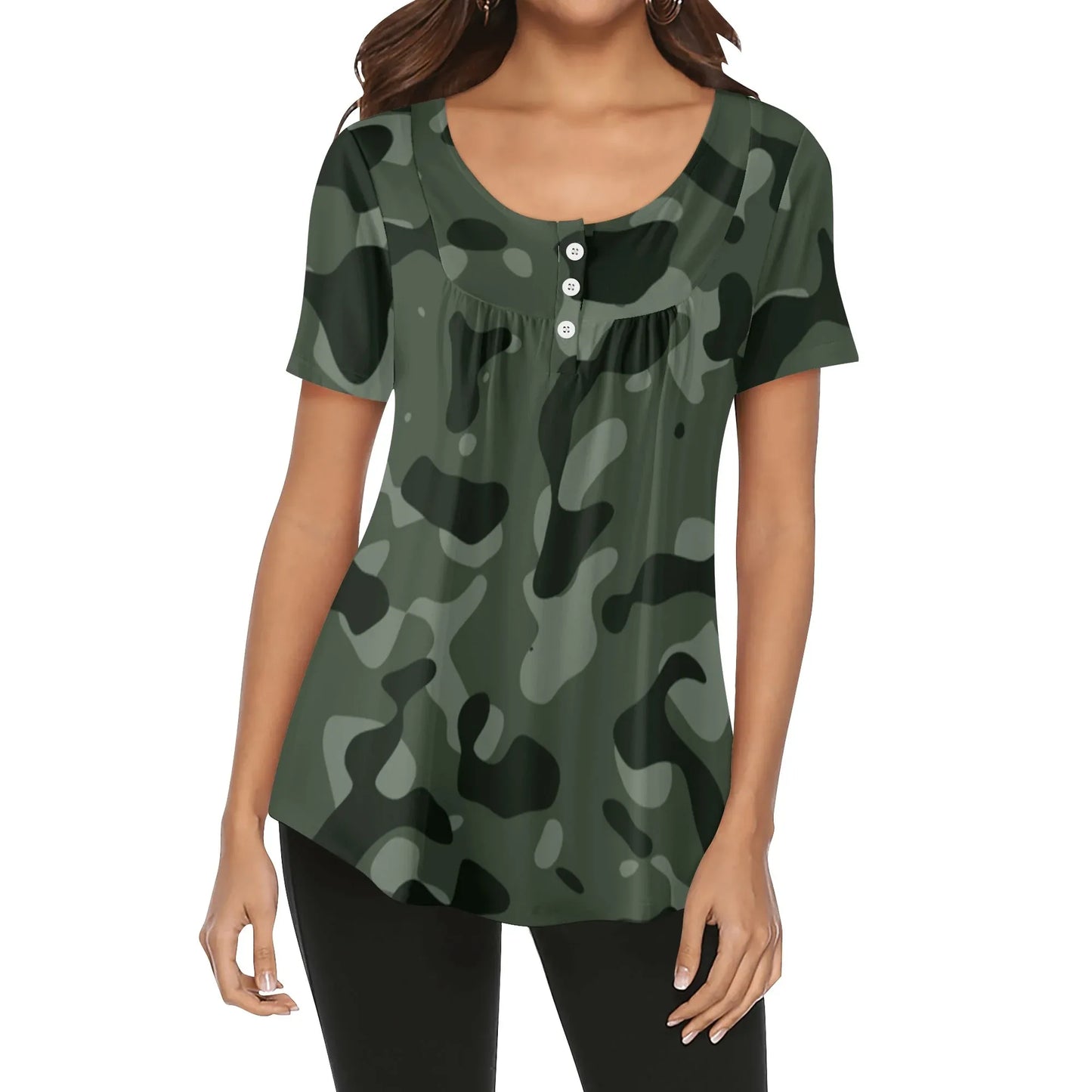 lockere-bluse-mit-u-ausschnitt-und-kurzen-armeln-fur-damen-green-camouflage-bluse-jlr-design-1 - JLR Design