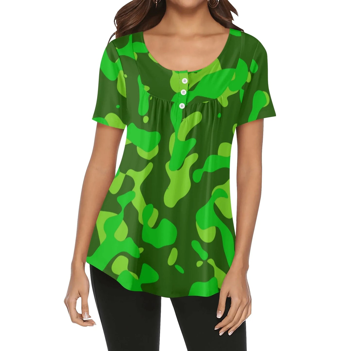 lockere-bluse-mit-u-ausschnitt-und-kurzen-armeln-fur-damen-lime-green-camouflage-bluse-jlr-design-1 - JLR Design