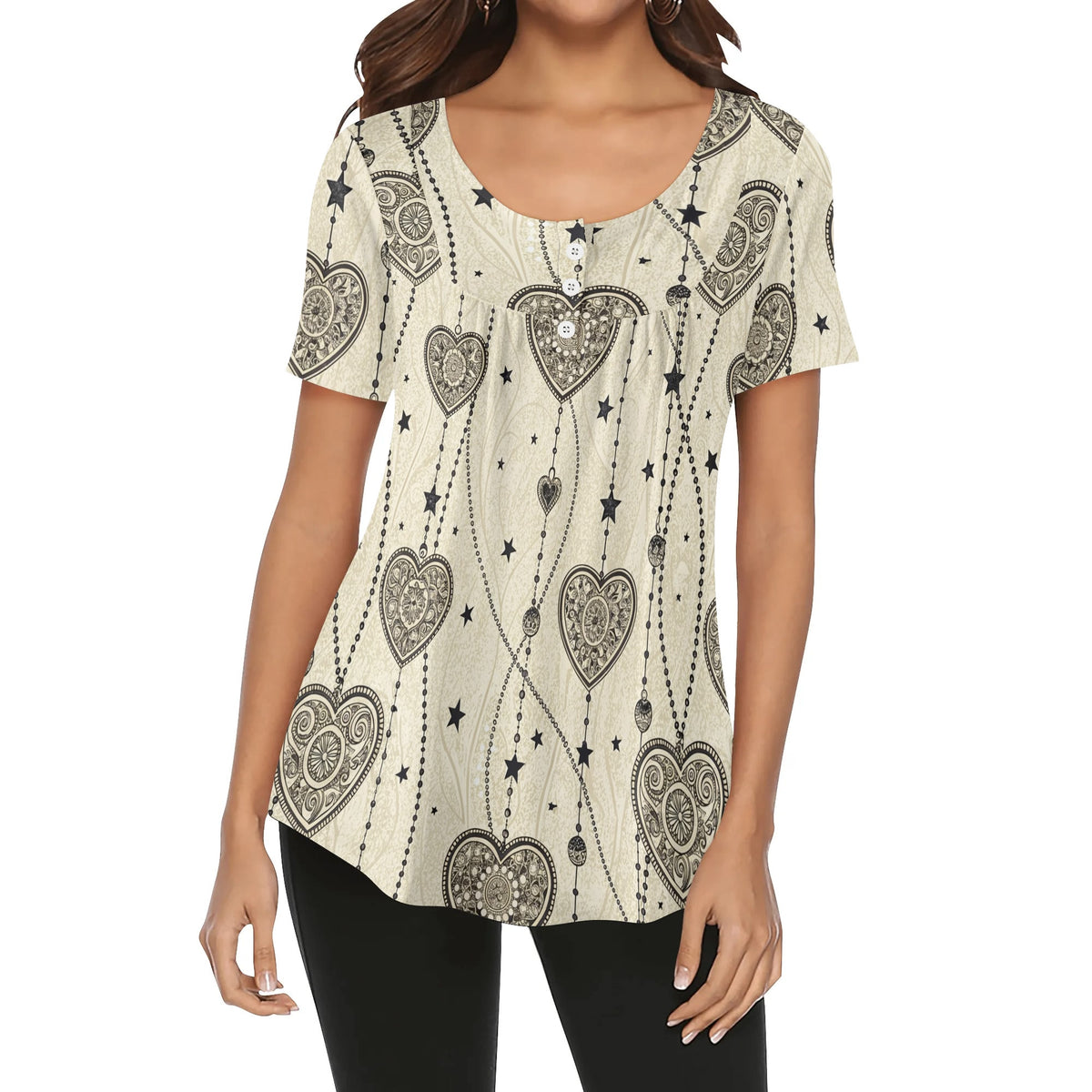 lockere-bluse-mit-u-ausschnitt-und-kurzen-armeln-fur-damen-monochrome-heart-v6-bluse-jlr-design-jlr-design-de-1 - JLR Design