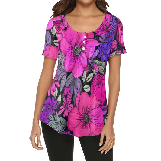 lockere-bluse-mit-u-ausschnitt-und-kurzen-armeln-fur-damen-pink-garden-bluse-jlr-design-1 - JLR Design