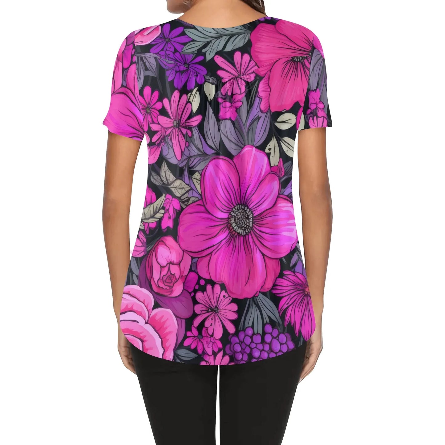 lockere-bluse-mit-u-ausschnitt-und-kurzen-armeln-fur-damen-pink-garden-bluse-jlr-design-2 - JLR Design