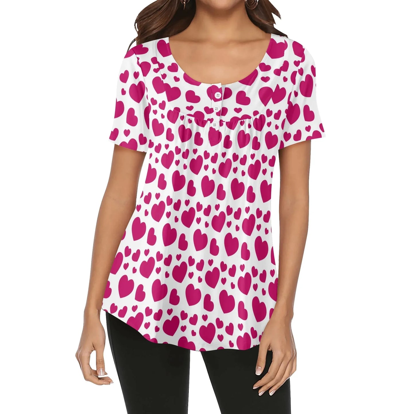 lockere-bluse-mit-u-ausschnitt-und-kurzen-armeln-fur-damen-pink-hearts-bluse-jlr-design-78239 - JLR Design