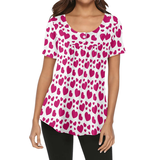lockere-bluse-mit-u-ausschnitt-und-kurzen-armeln-fur-damen-pink-hearts-bluse-jlr-design-78239 - JLR Design