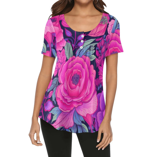 lockere-bluse-mit-u-ausschnitt-und-kurzen-armeln-fur-damen-pink-rose-bluse-jlr-design-1 - JLR Design