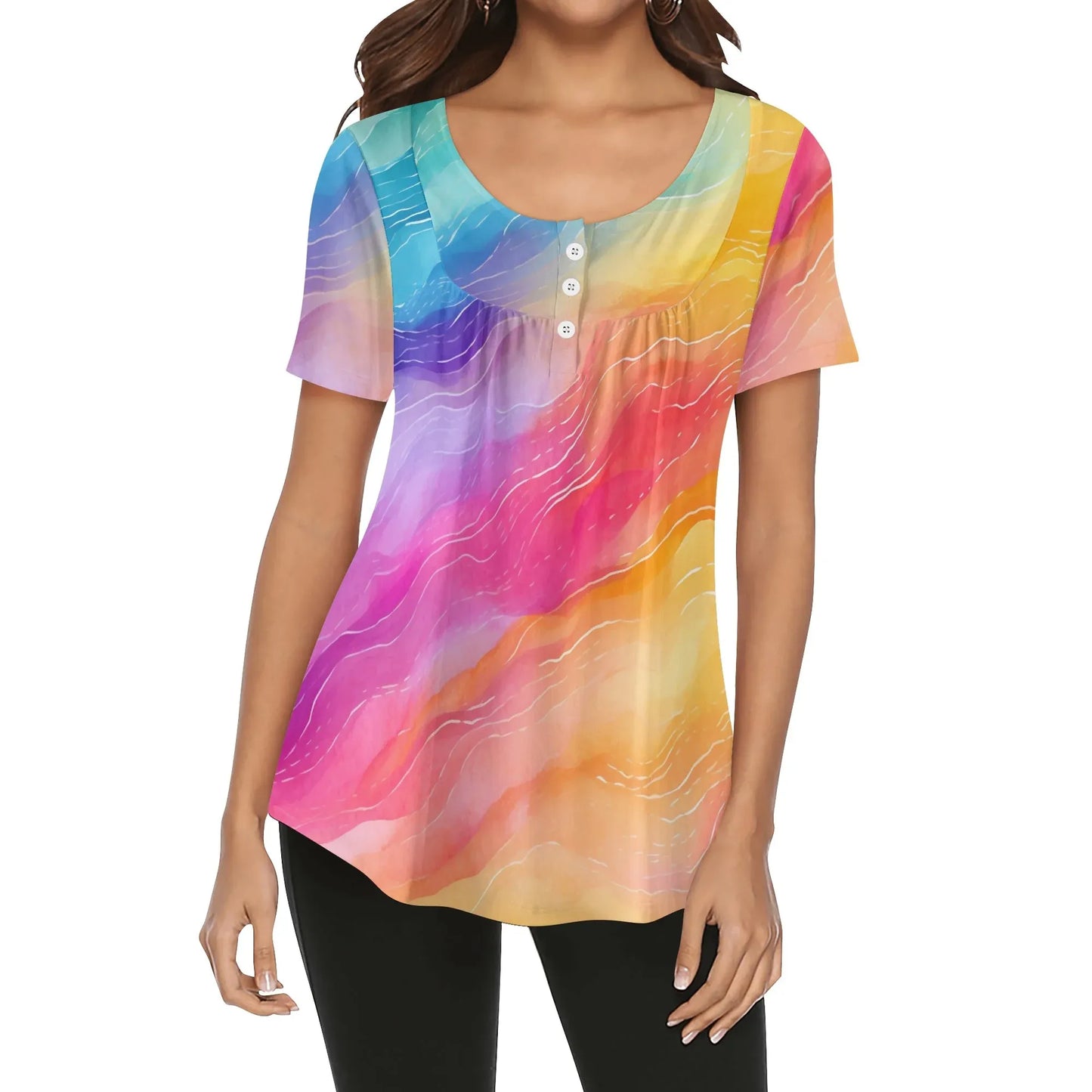 lockere-bluse-mit-u-ausschnitt-und-kurzen-armeln-fur-damen-rainbow-waves-bluse-jlr-design-1 - JLR Design