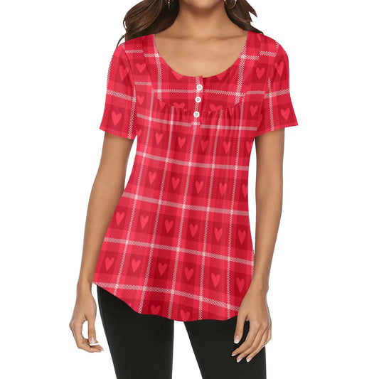 lockere-bluse-mit-u-ausschnitt-und-kurzen-armeln-fur-damen-rote-karo-herzchen-bluse-jlr-design-1 - JLR Design