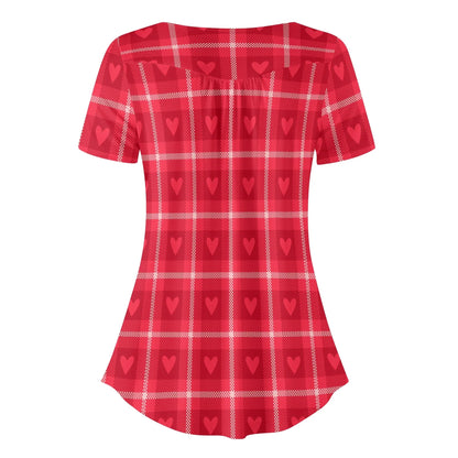 lockere-bluse-mit-u-ausschnitt-und-kurzen-armeln-fur-damen-rote-karo-herzchen-bluse-jlr-design-4 - JLR Design