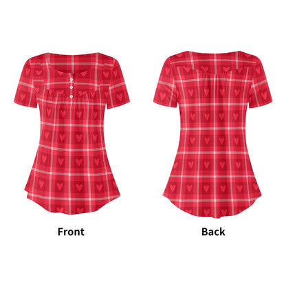lockere-bluse-mit-u-ausschnitt-und-kurzen-armeln-fur-damen-rote-karo-herzchen-bluse-jlr-design-5 - JLR Design