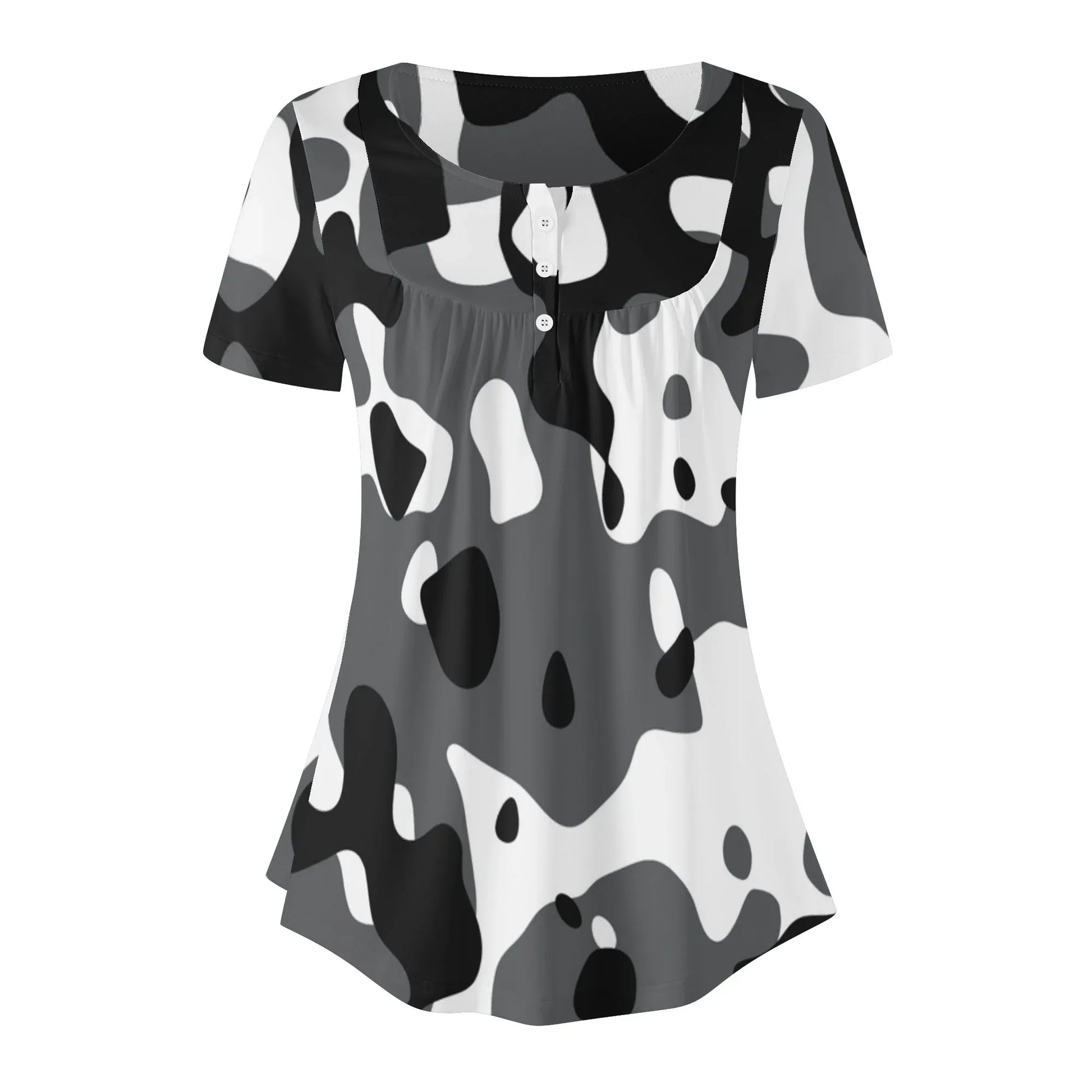 lockere-bluse-mit-u-ausschnitt-und-kurzen-armeln-fur-damen-schwarz-grau-weiss-camouflage-bluse-jlr-design-3 - JLR Design