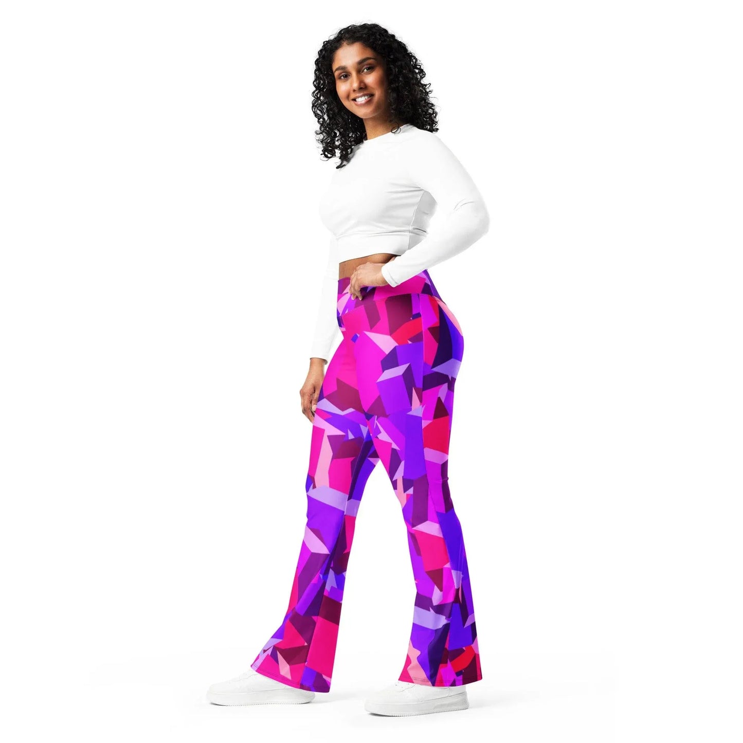 pink-cube-high-waist-flare-leggings-flare-leggings-jlr-design-7 - JLR Design