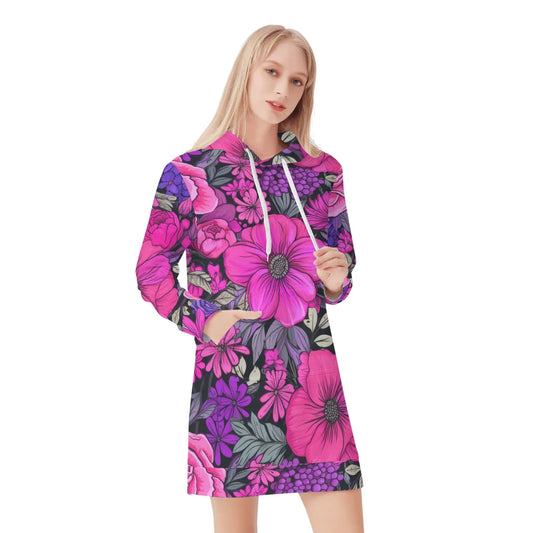 pink-flowers-damen-hoodiekleid-warmes-velvet-kapuzenkleid-aus-weichem-samt-fleece-hoodiekleid-jlr-design-1 - JLR Design