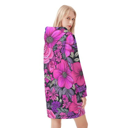 pink-flowers-damen-hoodiekleid-warmes-velvet-kapuzenkleid-aus-weichem-samt-fleece-hoodiekleid-jlr-design-2 - JLR Design