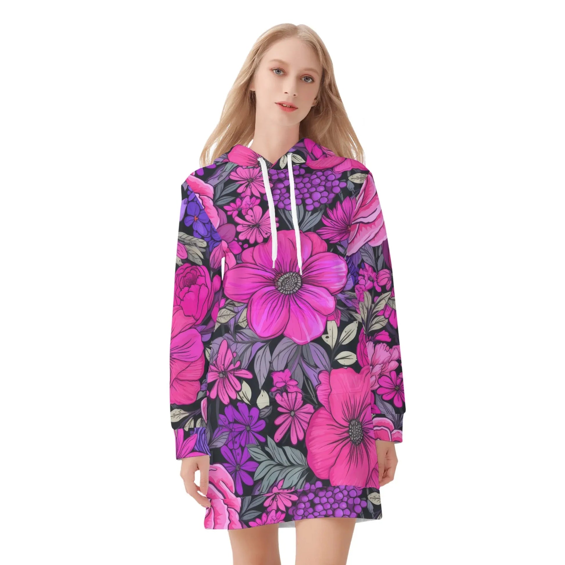 pink-flowers-damen-hoodiekleid-warmes-velvet-kapuzenkleid-aus-weichem-samt-fleece-hoodiekleid-jlr-design-3 - JLR Design