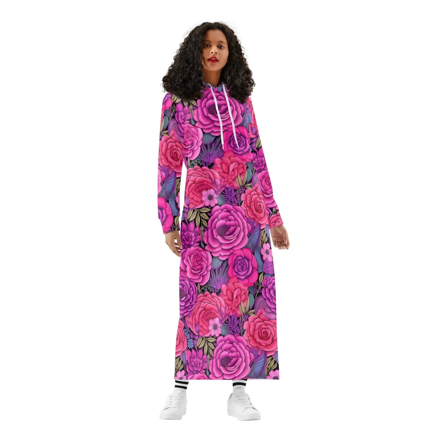 pink-flowers-damen-maxi-hoodiekleid-knochellanges-kapuzenkleid-aus-weich-angerautem-fleece-hoodiekleid-jlr-design-1 - JLR Design