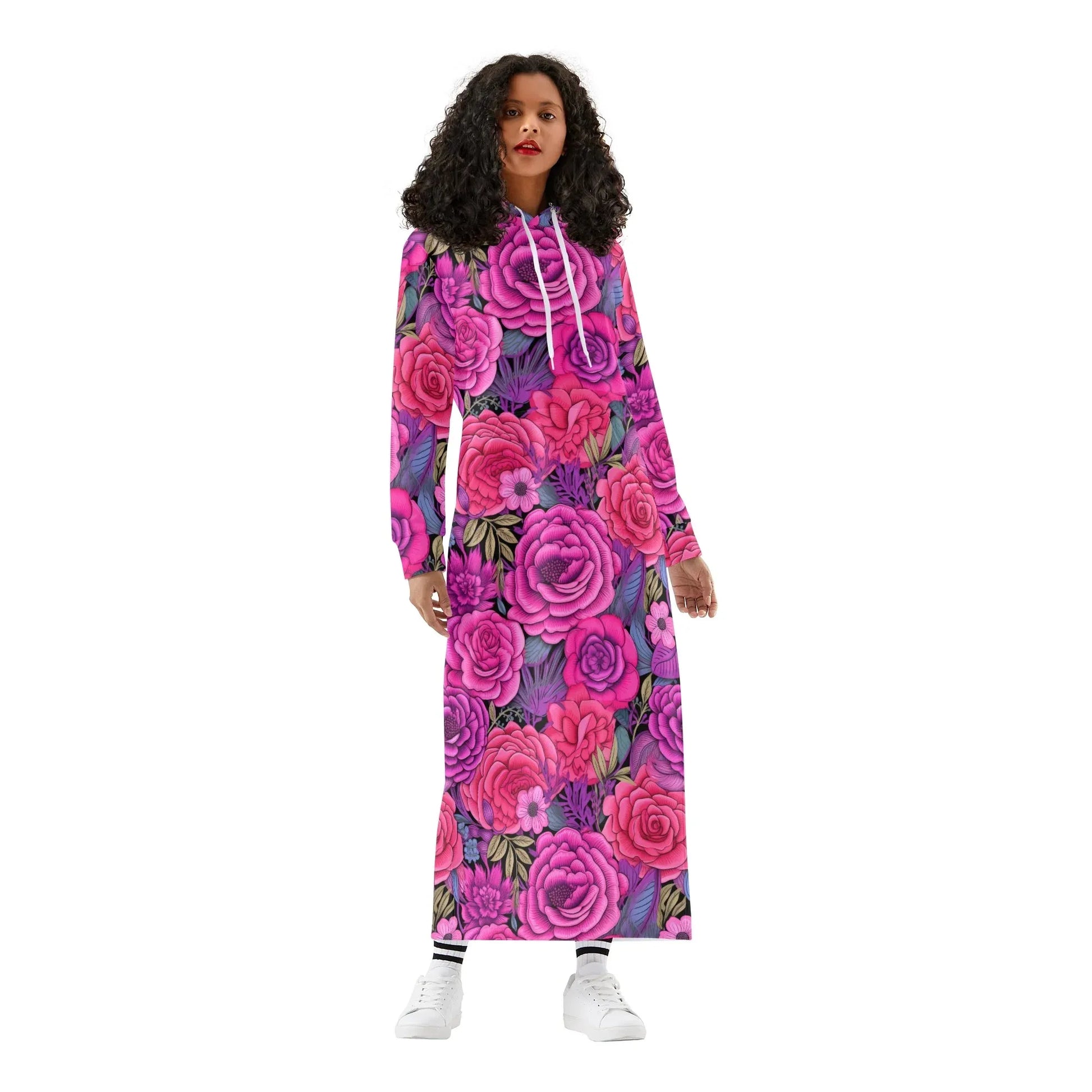 pink-flowers-damen-maxi-hoodiekleid-knochellanges-kapuzenkleid-aus-weich-angerautem-fleece-hoodiekleid-jlr-design-1 - JLR Design