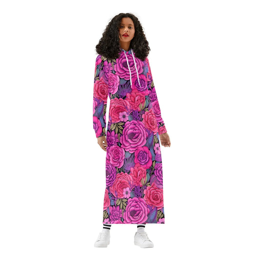 pink-flowers-damen-maxi-hoodiekleid-knochellanges-kapuzenkleid-aus-weich-angerautem-fleece-hoodiekleid-jlr-design-1 - JLR Design