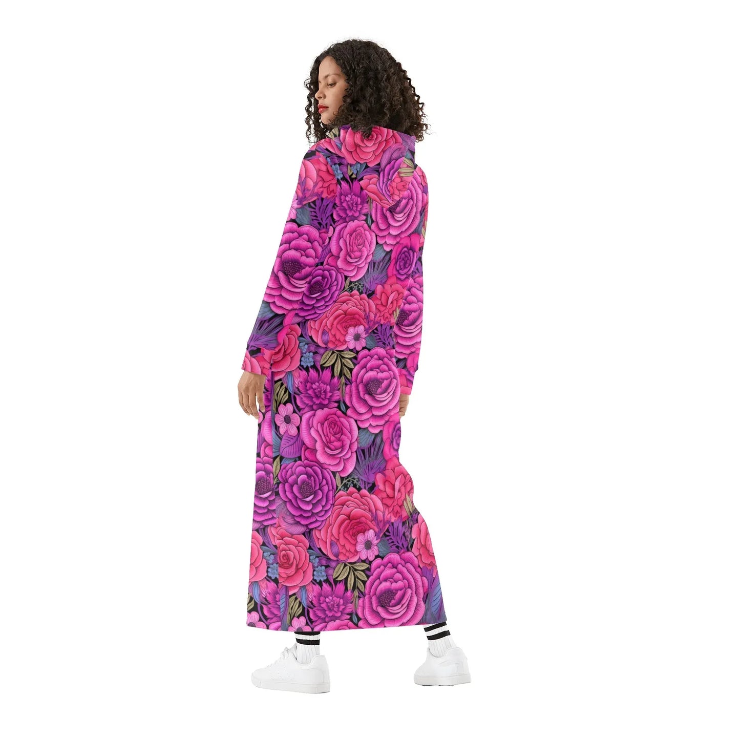 pink-flowers-damen-maxi-hoodiekleid-knochellanges-kapuzenkleid-aus-weich-angerautem-fleece-hoodiekleid-jlr-design-2 - JLR Design