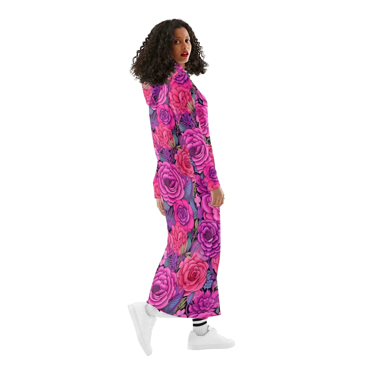 pink-flowers-damen-maxi-hoodiekleid-knochellanges-kapuzenkleid-aus-weich-angerautem-fleece-hoodiekleid-jlr-design-3 - JLR Design